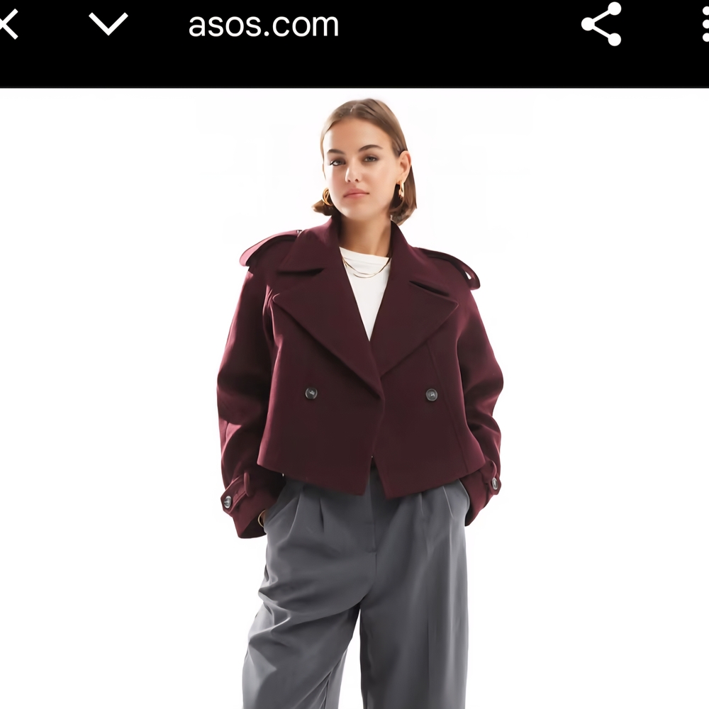 ASOS Burgundy Cropped Wool-Blend Peacoat Jacket